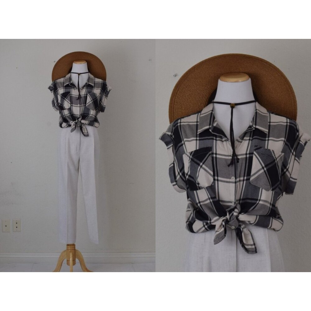 Jacks Girlfriend‎ Womens Plaid Rayon Button Up Blouse Cuffed Sleeve size M